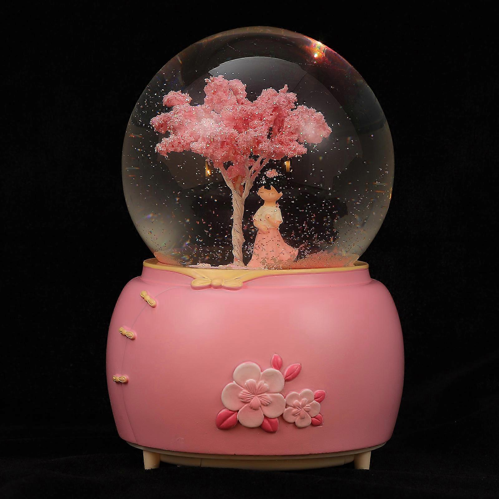 Musical Box Ornament Ancient Style Hanfu Girl Pink 15X10X10CM Luminous Snowflake Automatic Snow Falling 1PC