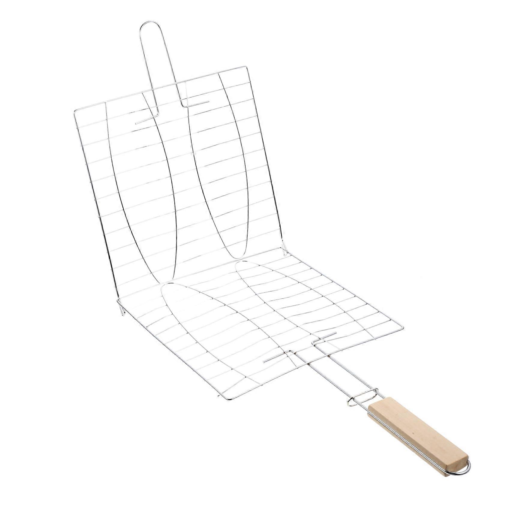 Camping Grill Basket with Wooden Handle for Vegetables and Meat, Portable BBQ Grill Net, Heat-Resistant and Durable 1
