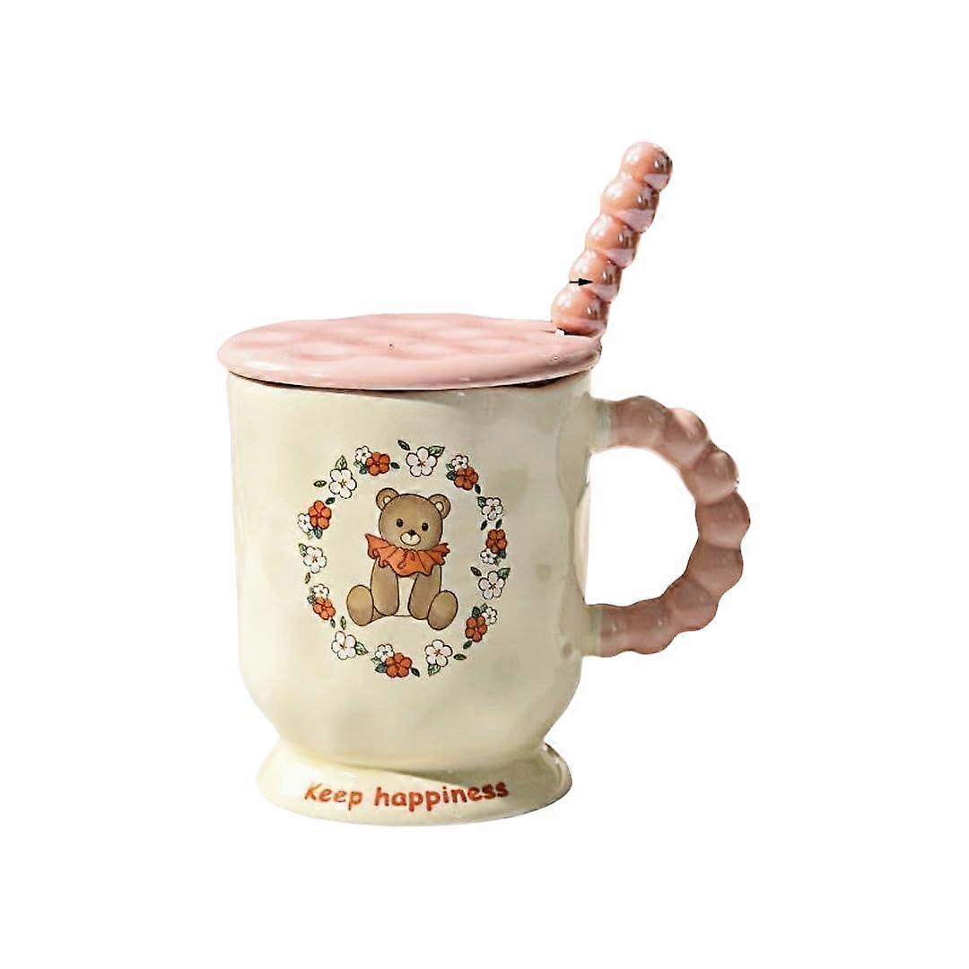 370 Ml Bear Design Ceramic Mug with Lid and Spoon, Large Coffee Cup for Home and Office Use