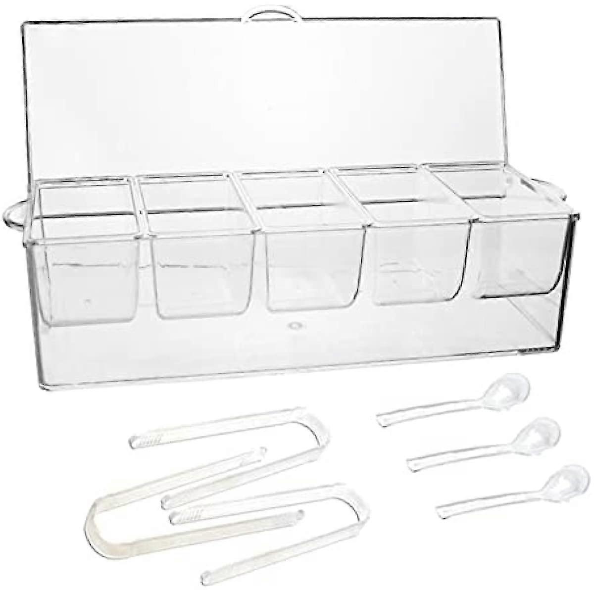 Ice Chilled Condiment Caddy with 5 Containers, Serving Tray Plate with Removable Dishes Snack Box for Salad, Fruit, Pizza, Fruit