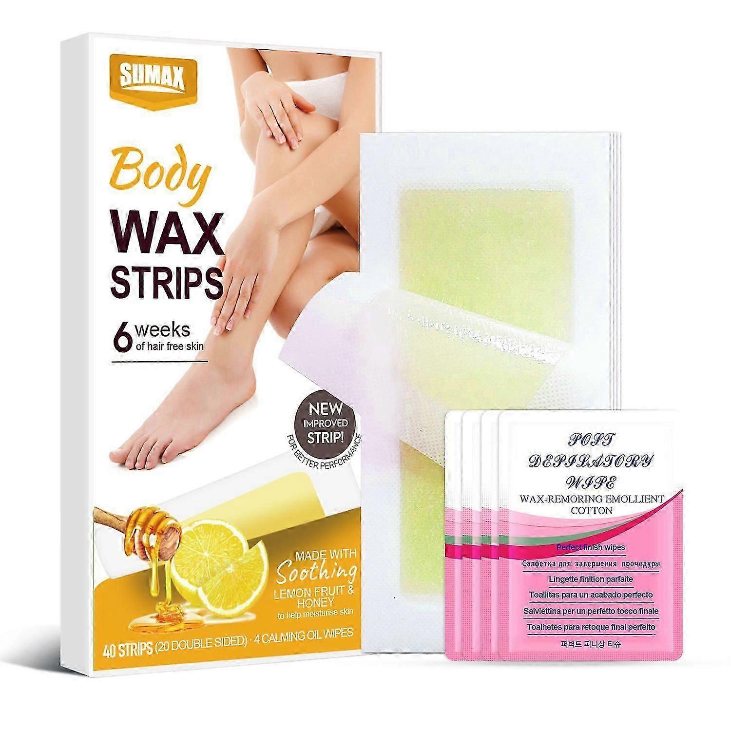 Body Wax Strips with Improved Formula, 40 Strips (20 Double-Sided) for Weeks of Hair-Free Skin, with 4 Calming Wipes