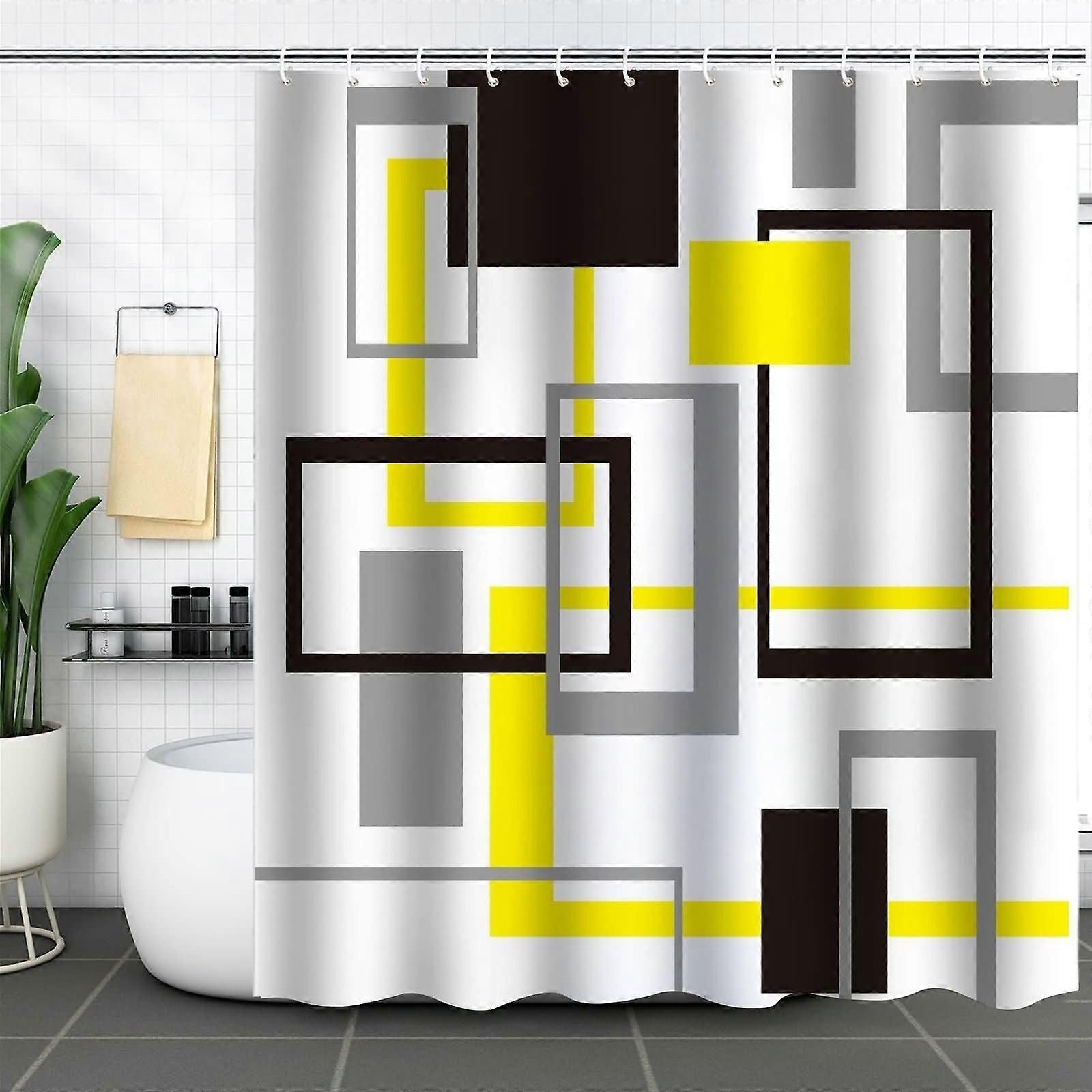 Shower Curtain with Eyelets 180x180 cm Black Grey Yellow Geometric Pattern Polyester Bath Curtain with Hooks