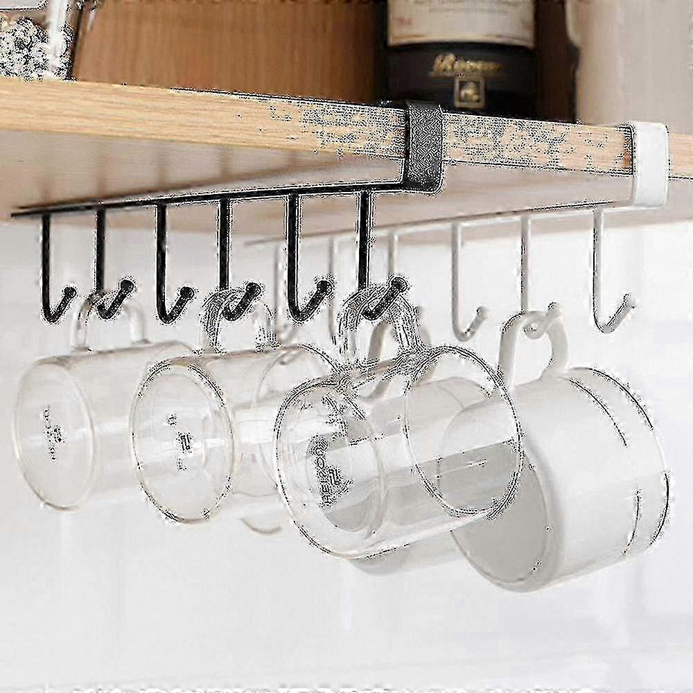 White Under Shelf Mug and Towel Organizer with 6 Hooks for Kitchen Cabinets