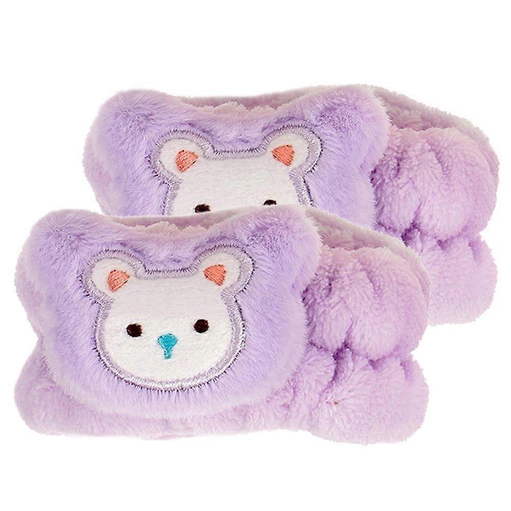 Water Absorbent Face Wash Wrist Bands 2Pcs Violet Plush Cuffs For Ladies Daily Use With Adorable Cartoon Design
