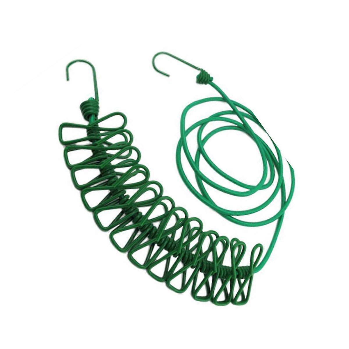 Portable Travel Clothesline with Clips for Indoors Outdoors Elastic Stretchable Rope Green 2 Pcs