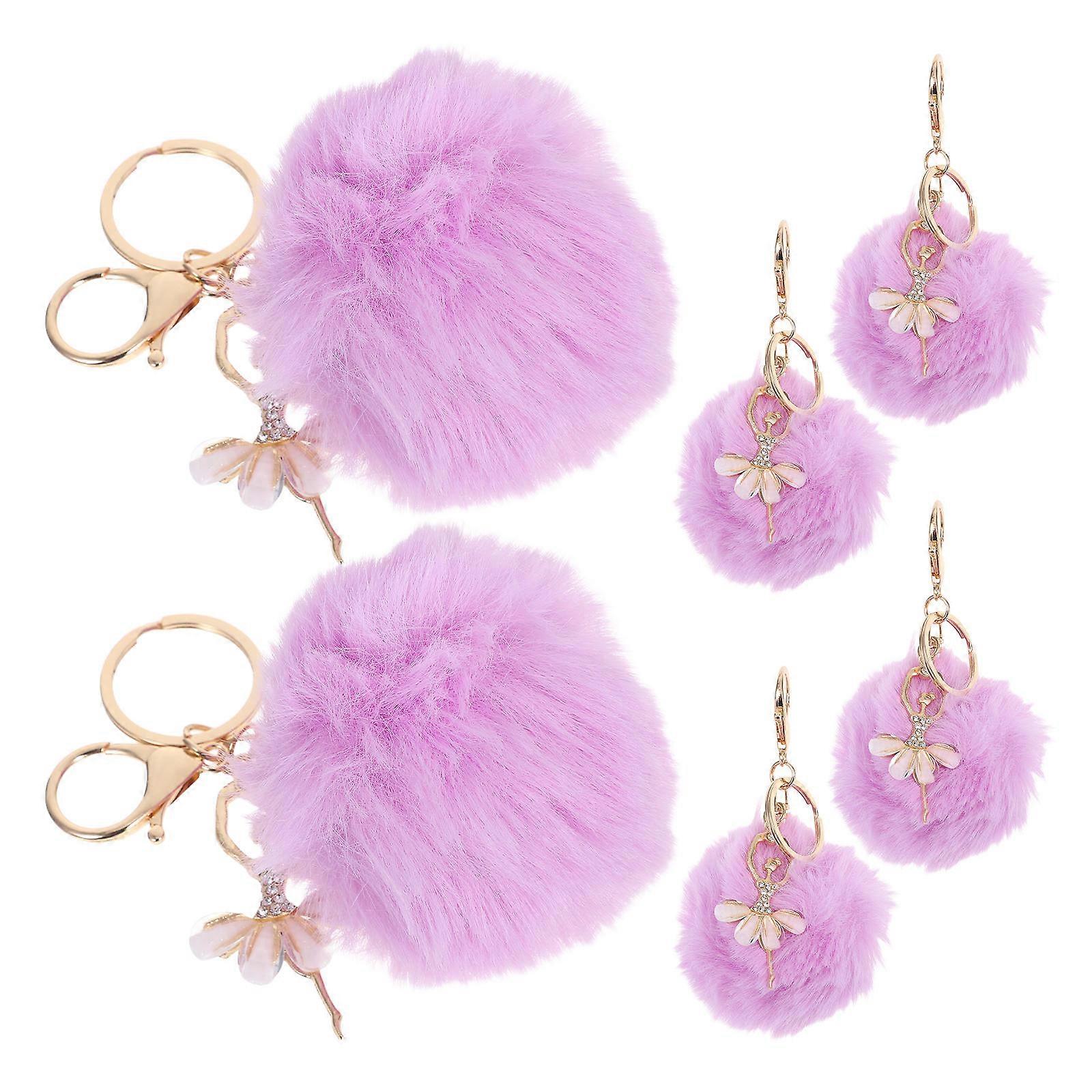 6pcs Faux Furry Pom Puff Keychains with Rhinestone Ballet Girl Charms, Soft Plush Ball Bag Pendants for Women's Accessories, Fluffy Decorative Key