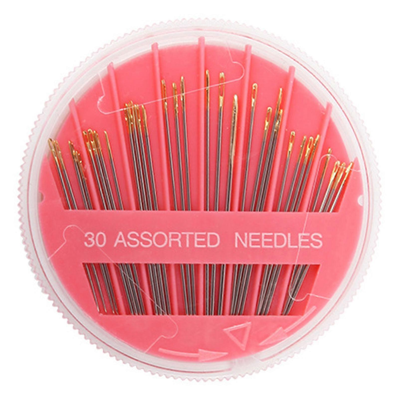 30Pcs Gold Eye Hand Sewing Needle Set With Alloy and Round Disk Case for Fabric Stitching and Craft Projects Pink