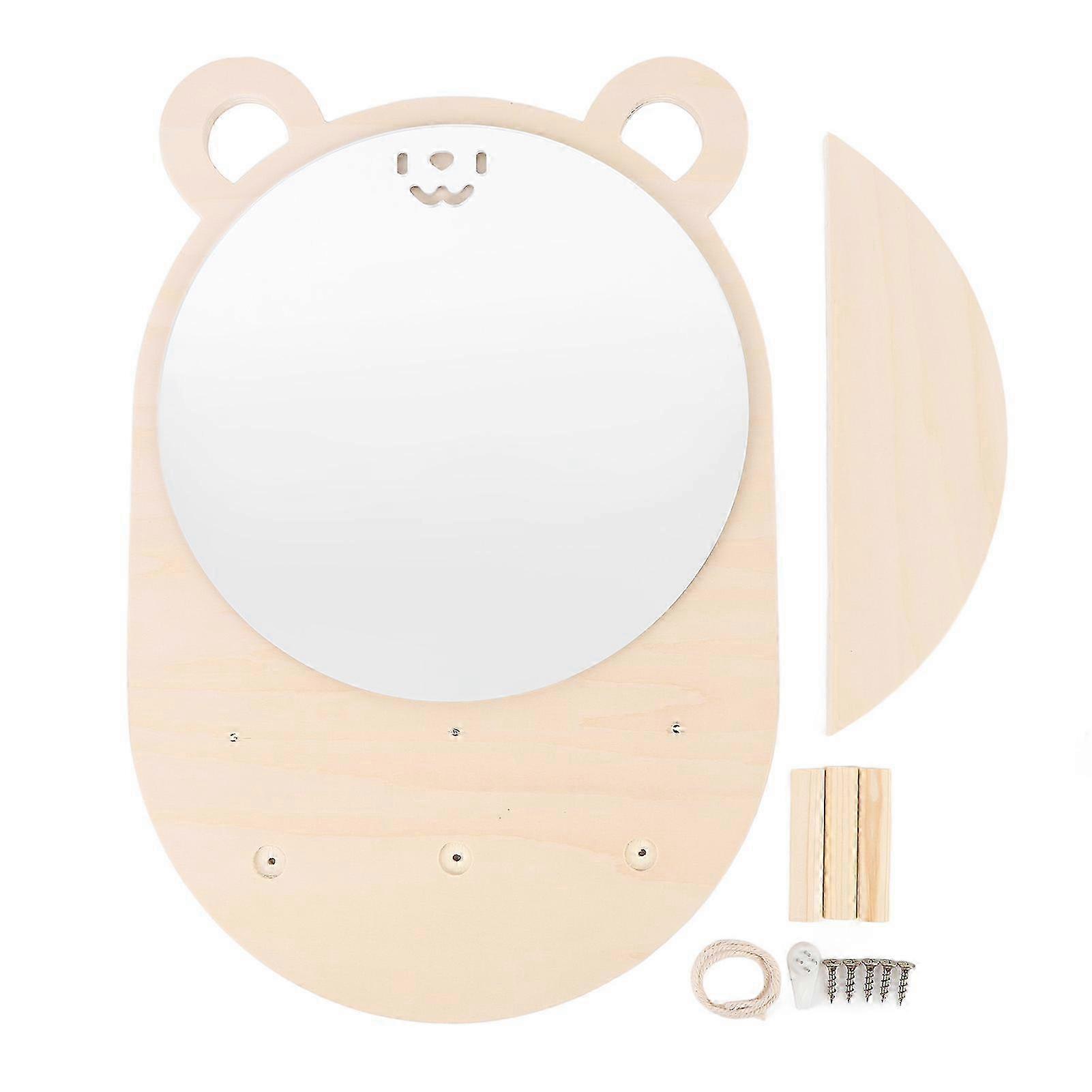 2025 Wooden Wall Cute Bear Design Simple Decorative Impact Resistant Acrylic Mirror with Hook and Shelf