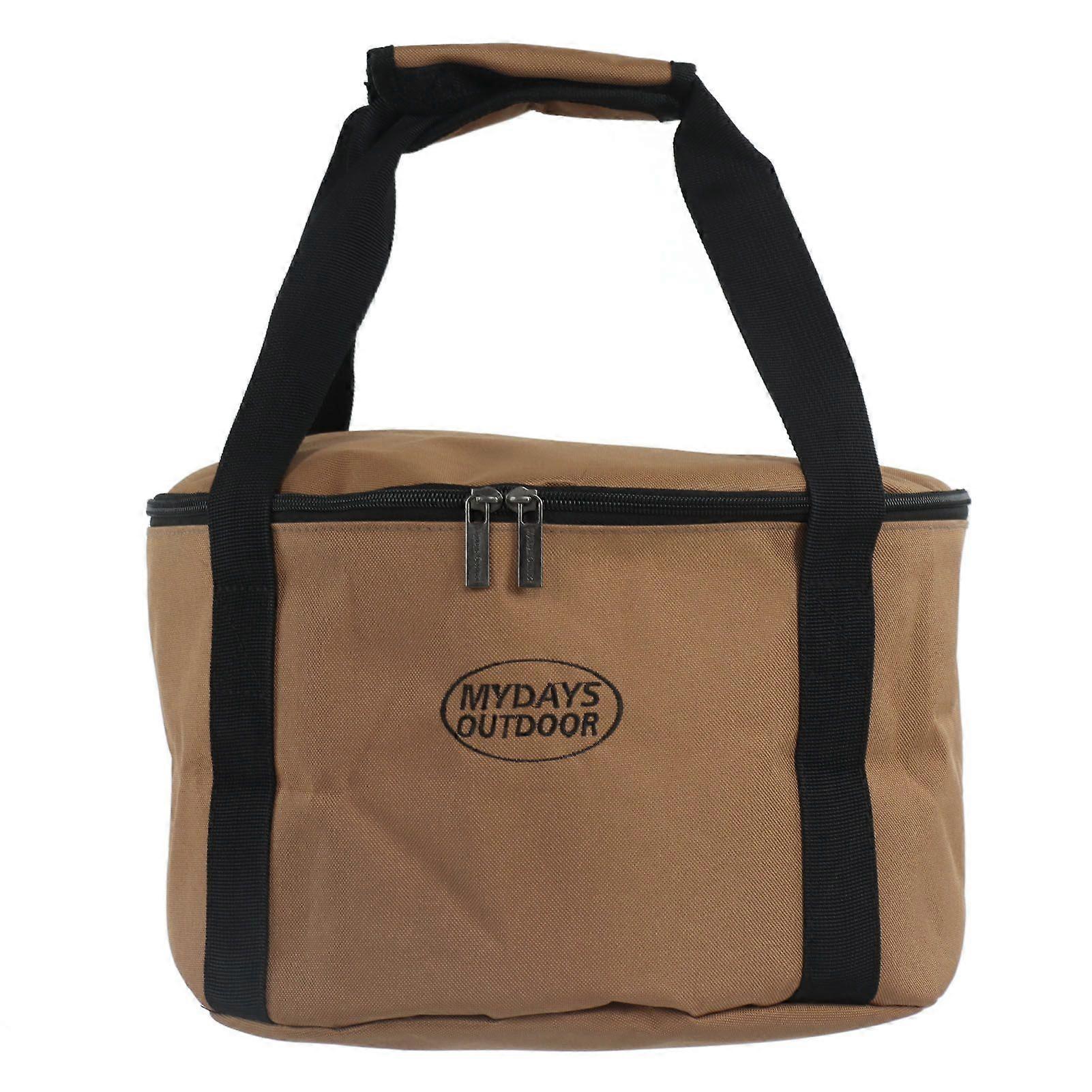 Outdoor Cookware Storage Bag Khaki Portable Camping Cooker Tableware Organizer with Handle Straps for Picnics Medium Size