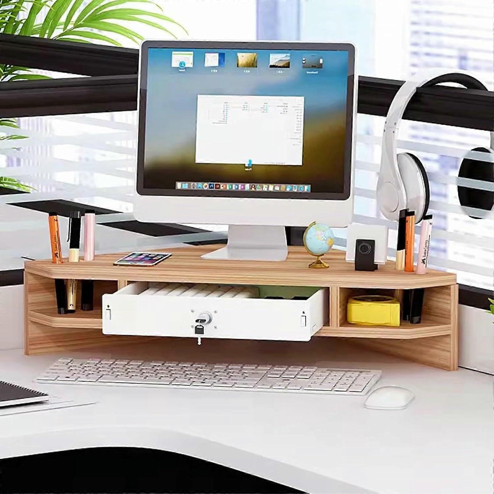 Wooden Corner Monitor Stand With Drawer Two Tier Ergonomic Elevation Office Organization