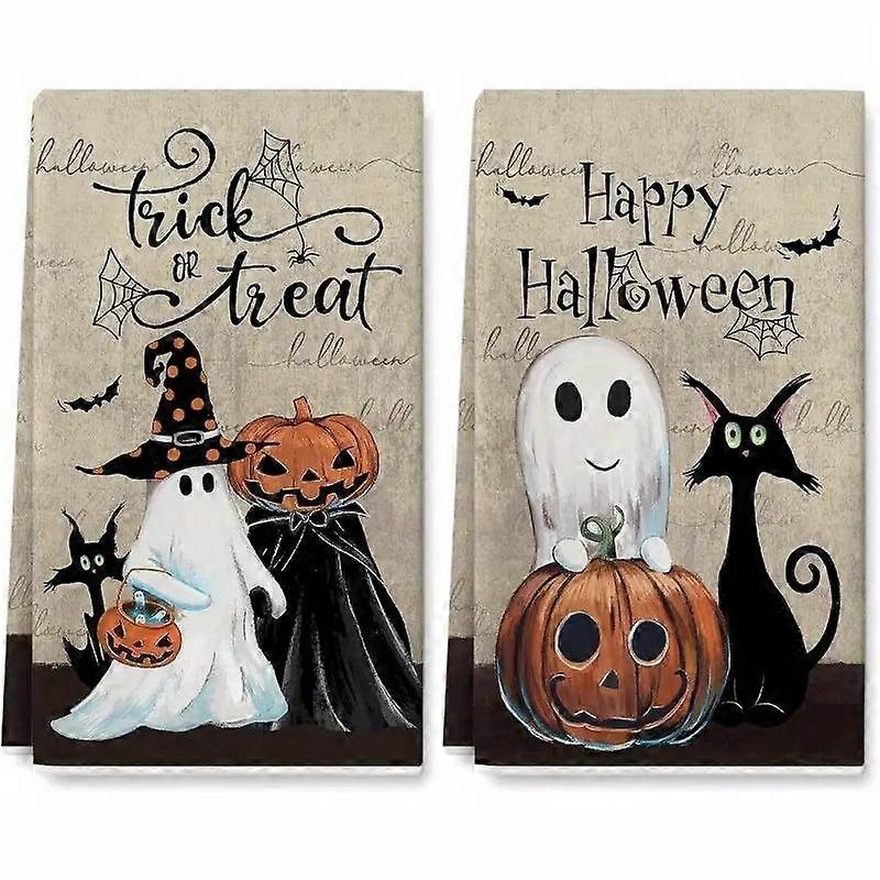 סט מגבות מטבח לליל כל הקדושים, 2 חלקים 45.72x66.04 ס"מ, עיצוב קורי עכביש וינטג', דלעת מפחידה, חתול רפאים, עטלף, מתנת עיצוב הבית עמידה