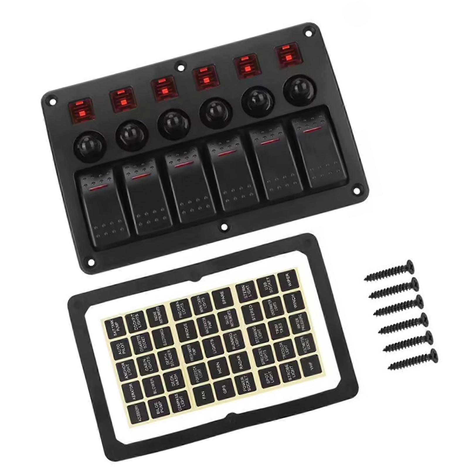 6 Gang Rocker Switches Panel Waterproof Toggle Switches with Indicator Light & Sticker On Off Switches Panel for Car  Red