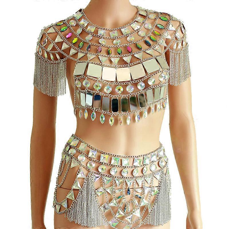 Luxury Silver Tassels Sequin Body Chain Harness Crop Top Layered Shoulder Chain Set Long Fringe Bikini Chain Skirts
