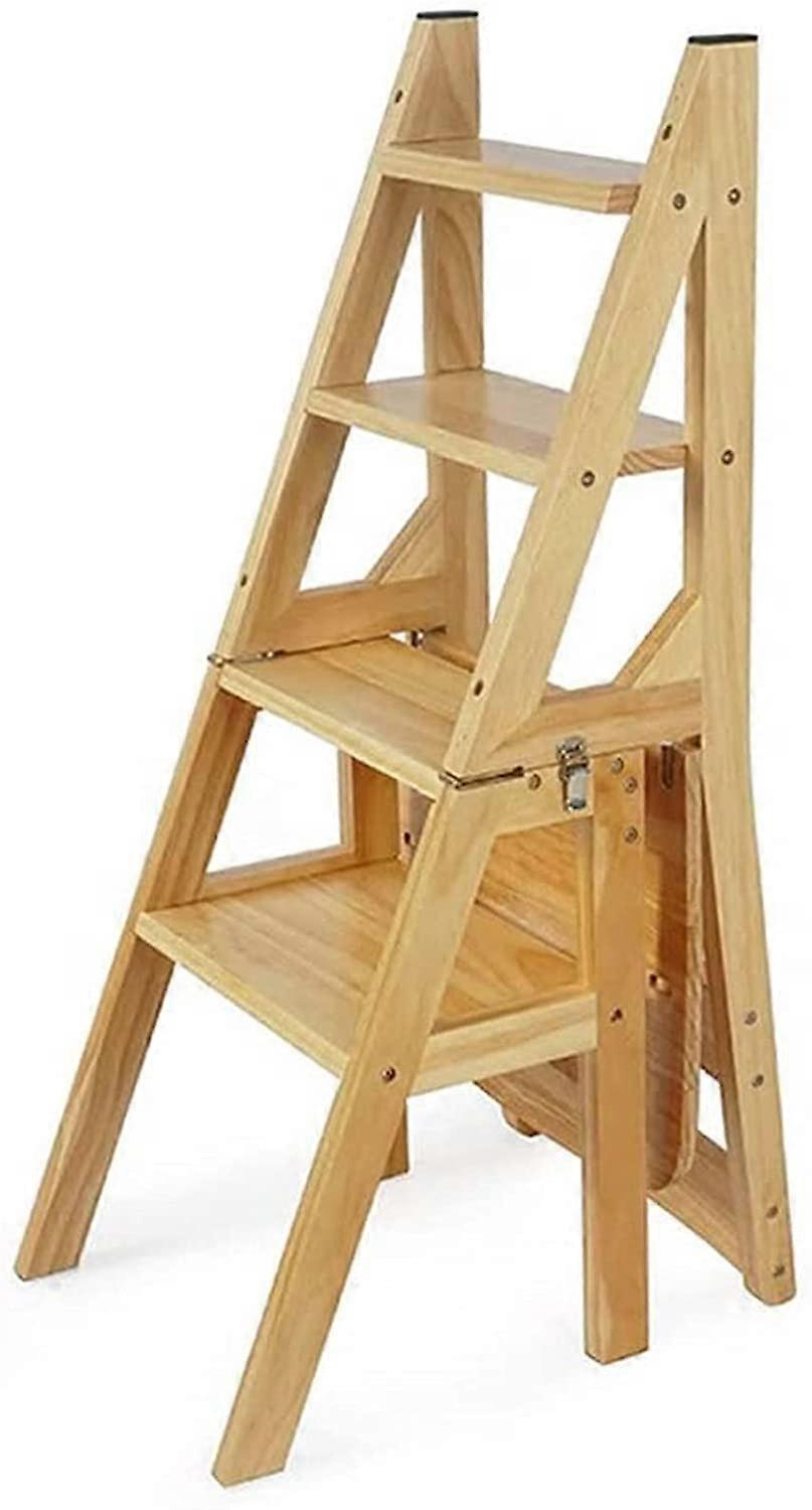 Wooden Folding Step Stool Ladder Chair with 4 Steps for Indoor Home Library and Kitchen Use