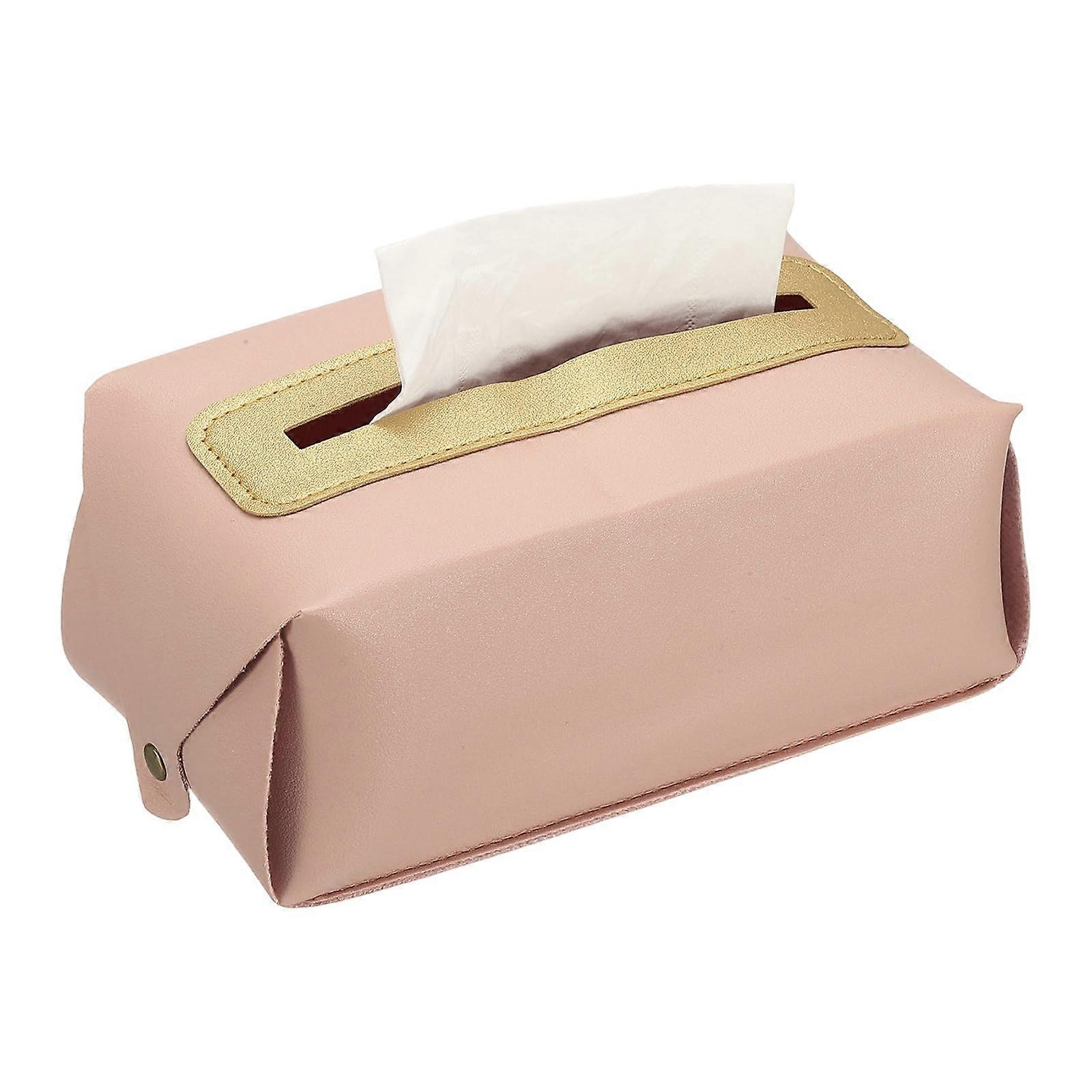 Faux Leather Tissue Box Cover Rectangular PU with Button for Home Bathroom Car Office Decor Pink