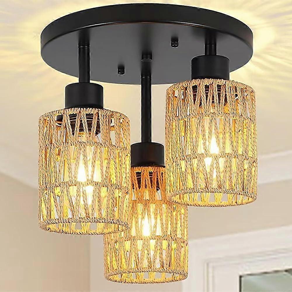 Rattan Ceiling Light 3Light Boho Semi Flush Mount Fixture with Handwoven Shade for Bedroom Kitchen