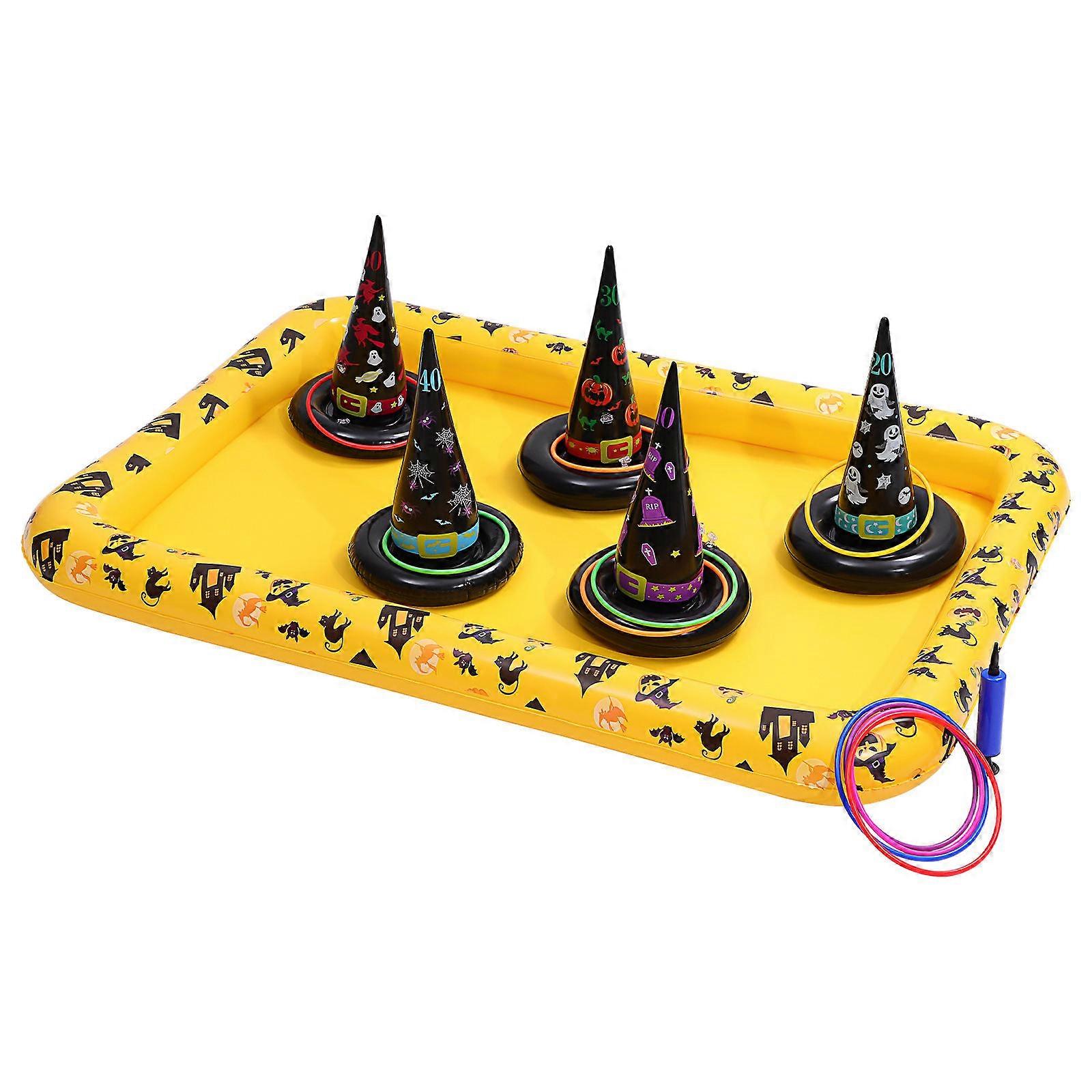 Inflatable Witch Hat Ring Toss Game for Kids Playing with 5Pcs Plastic Rings