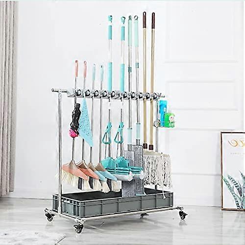 Cleaning Tool Cart with 360° Rotating Wheels, Heavy Duty Mop and Broom Holder for Garage and Garden