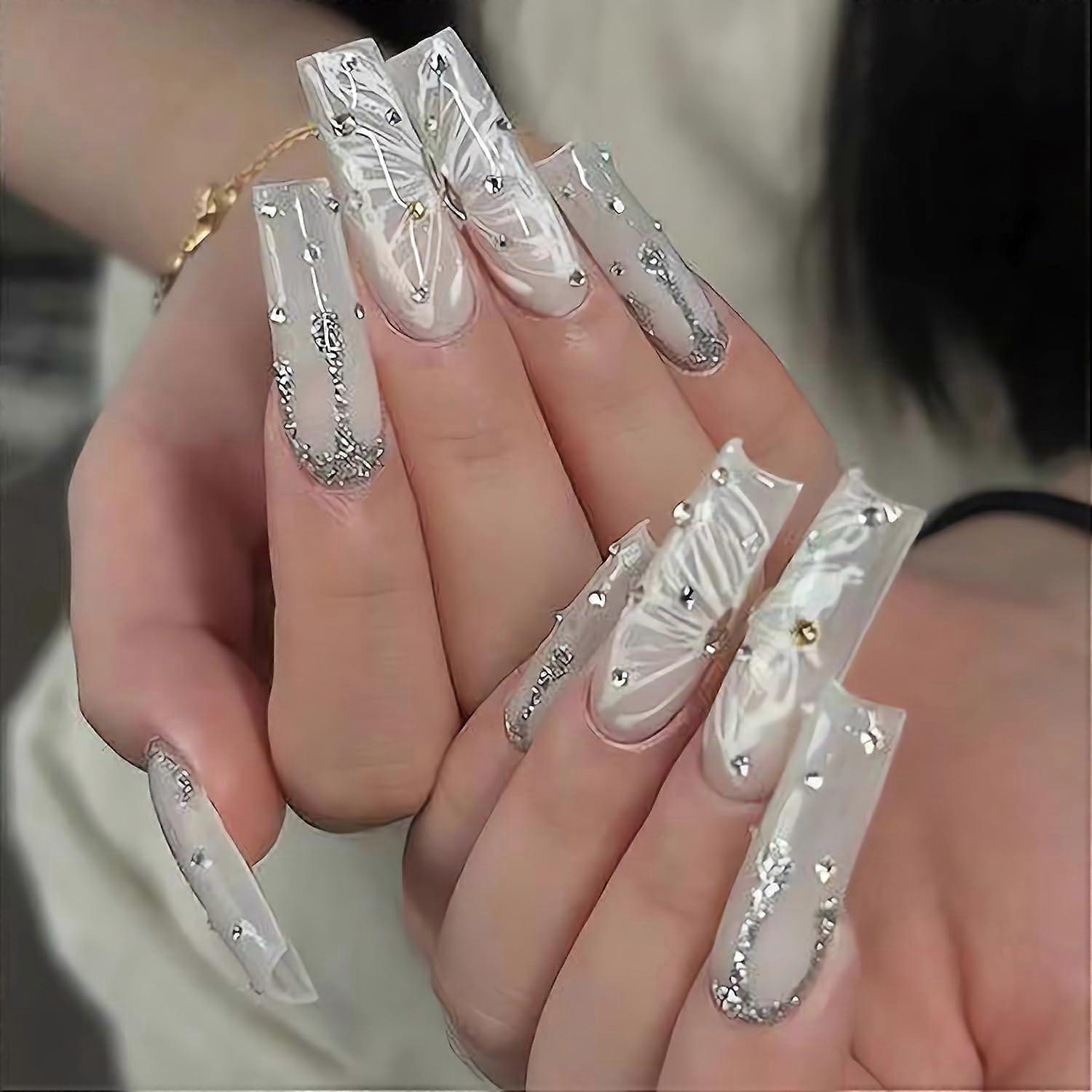 Extra Long Square Press On Nails White Butterfly Acrylic French Style with Diamond Glitter 24 Pcs