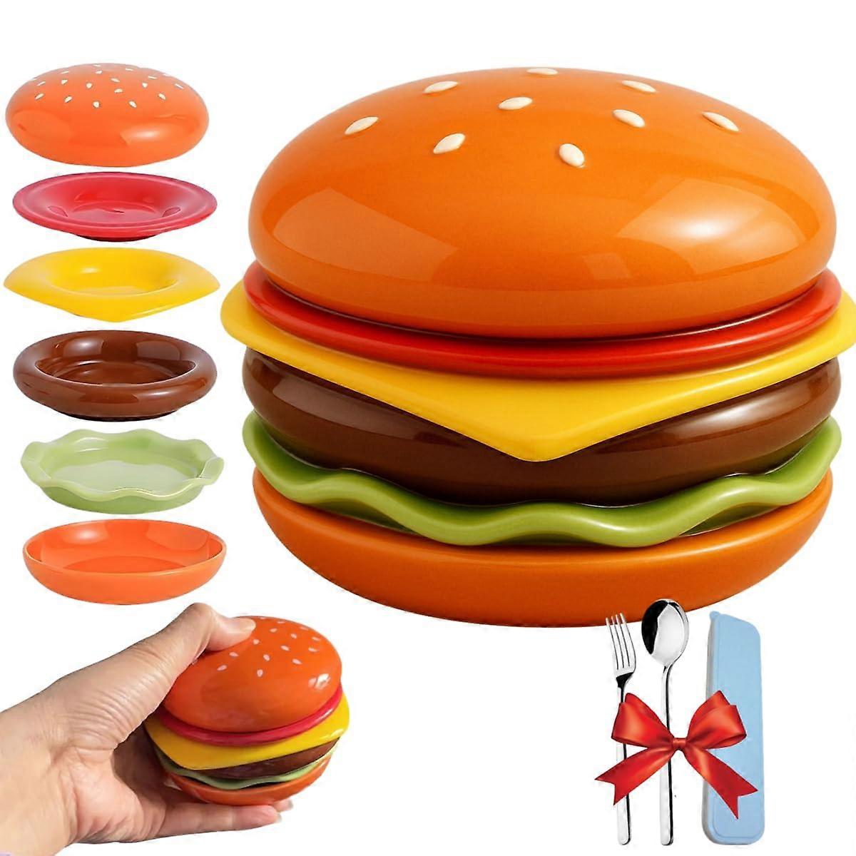 Ceramic Burger Plate Set, 6Layer Stackable Cute Burger Shaped Tableware, Microwave Dishwasher Safe