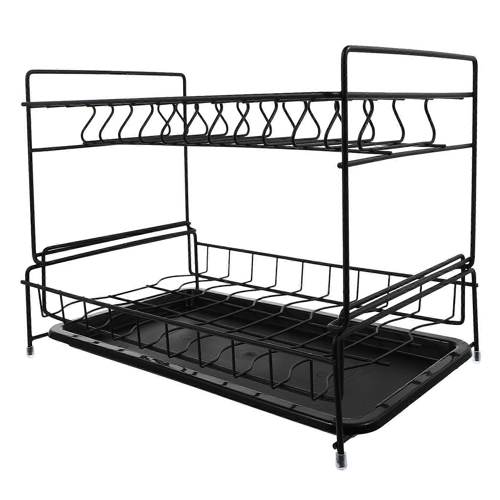 Double-Layer Draining Bowl Rack for Kitchen Storage 1Pcs Black Iron Shelf