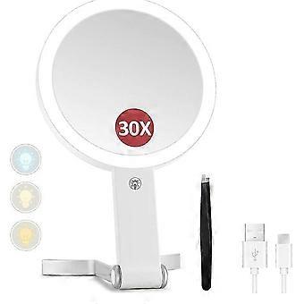 Magnifying Mirror with Light, Double Sided 30X/1X Lighted Travel Makeup Mirror with Magnification, 3 Color Lighting