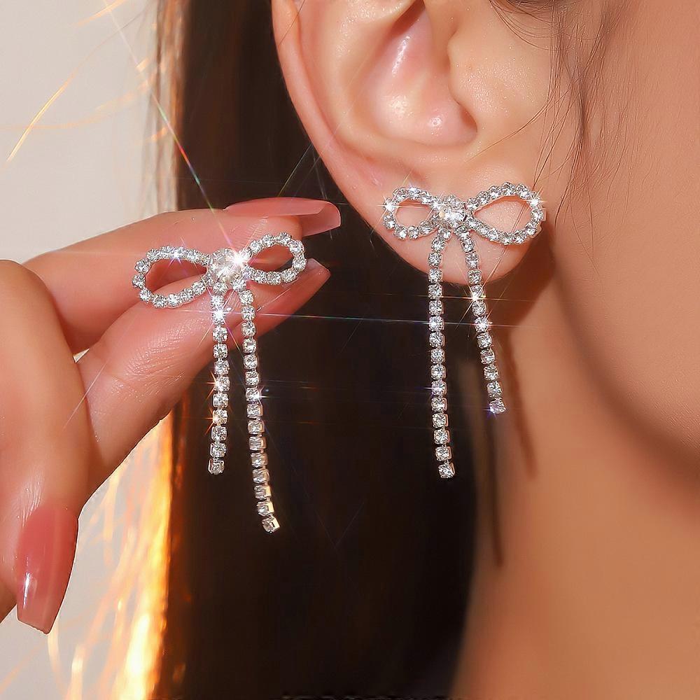 Brass Rhinestone Stud Earrings Bowknot 44x27mm