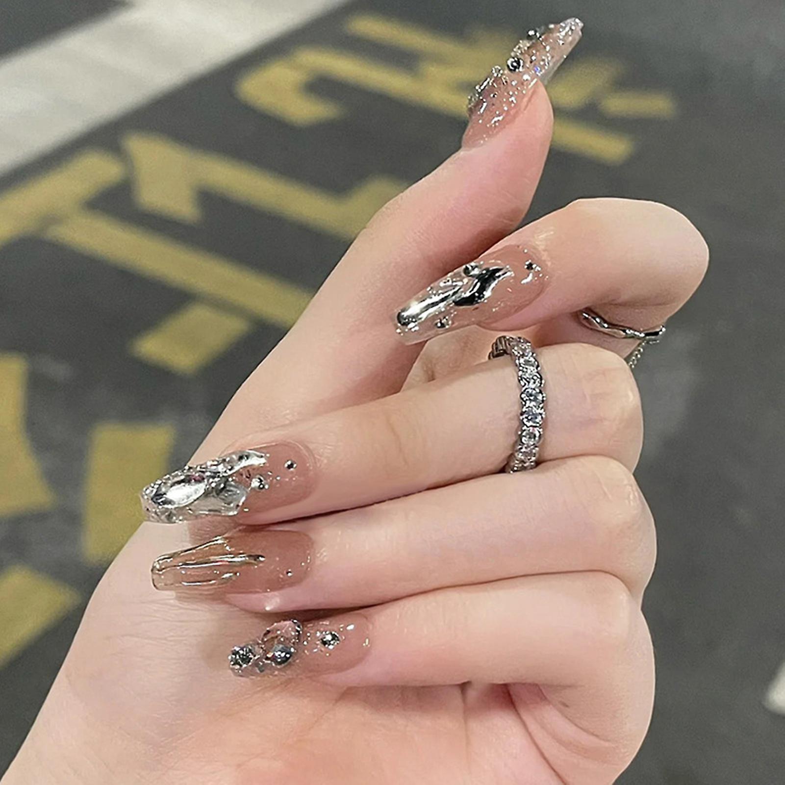 Shining Silver Artificial Nails Reusable Manicuring Fake Nails