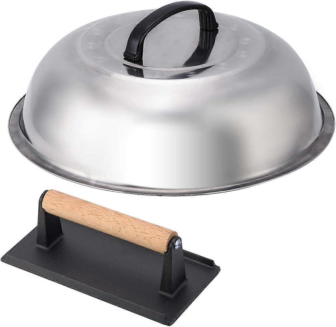 Aço inoxidável 12 polegadas Basting Cover e ferro fundido Grill Press Kit para Bife de Bacon Hambúrguer