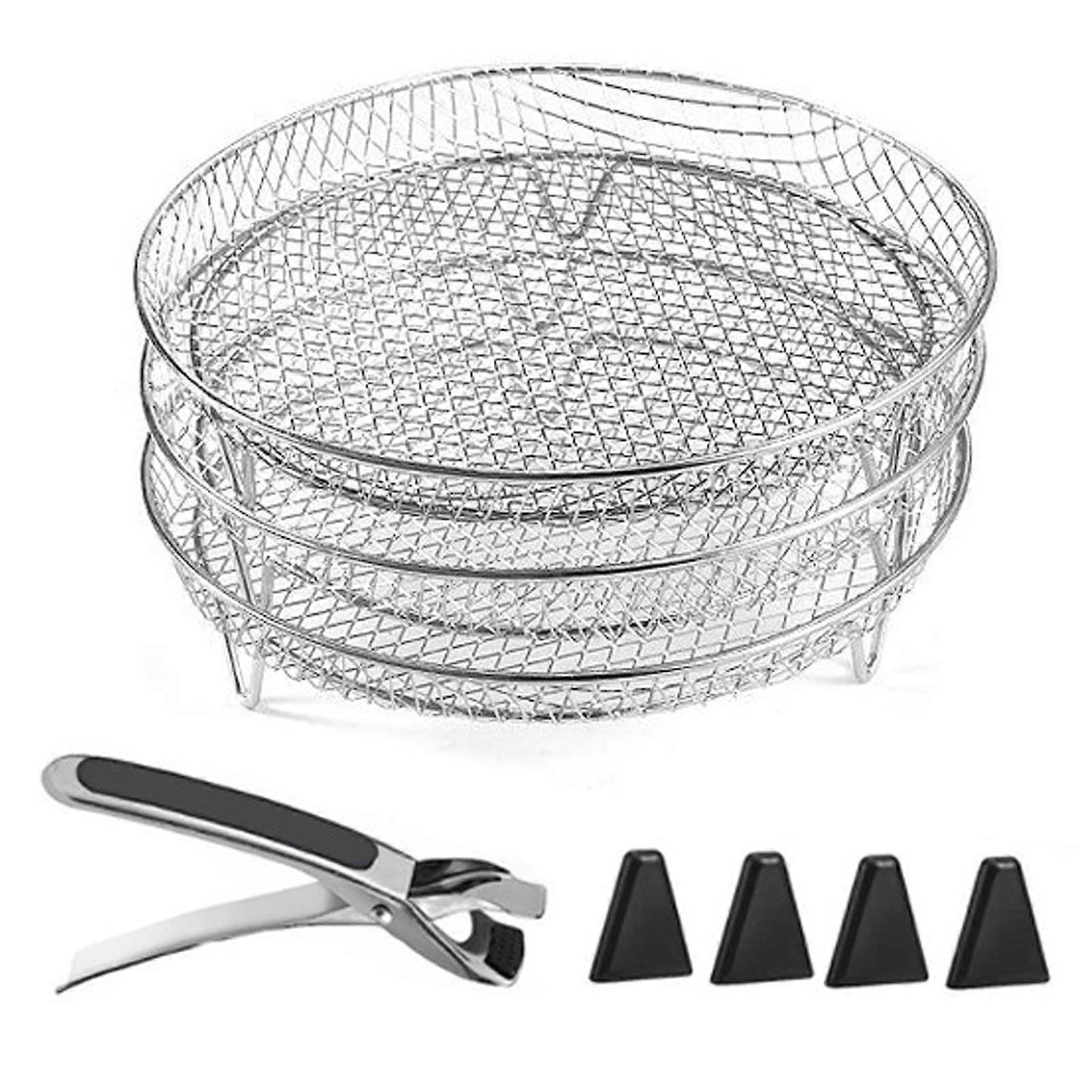3-Layer Square Round Rectangle Air Fryer Rack Set Stainless Steel Dehydrator Rack with 4 Silicone Feet Anti-Scald Clip Stackable Air Fryer Accessories
