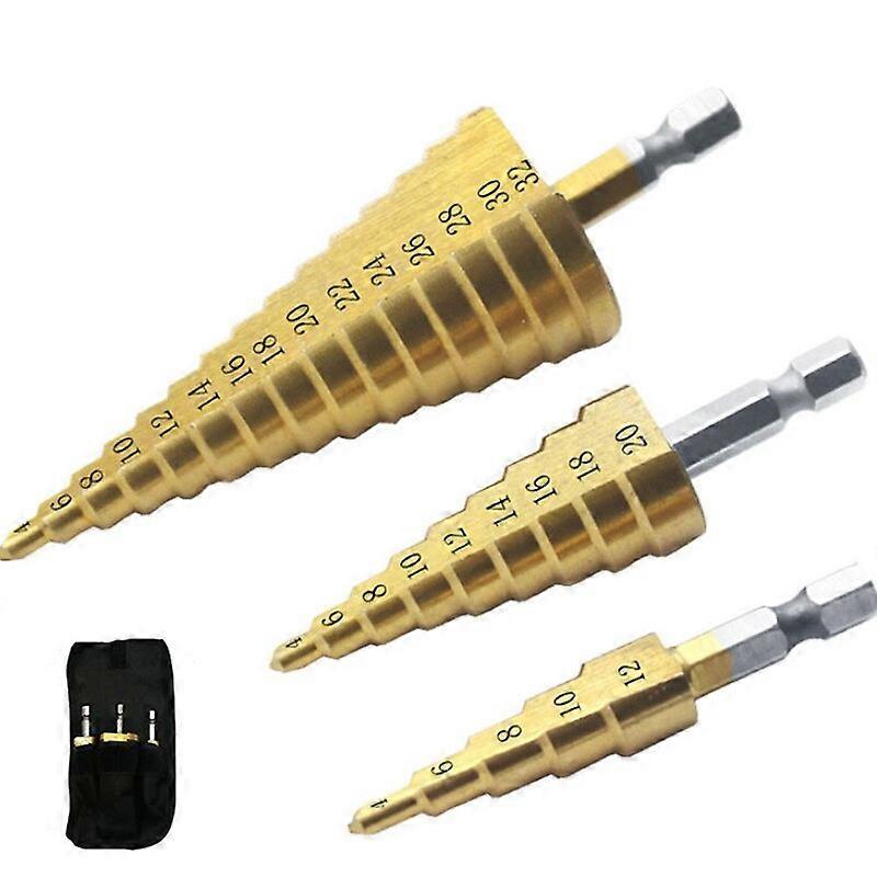 3pc Hss step drill bit set cone hole cutter Taper metric 4 - 12 20 32mm 1 4 "titanium coated metal hex core drill bits