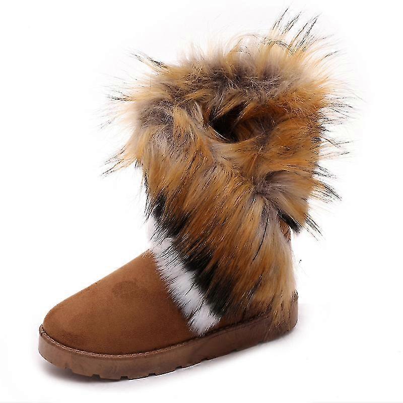 Botas de nieve de invierno Mujer Tobillo Slip On Botas Faux Fox Rabbit Fur Suede Flat Shoes