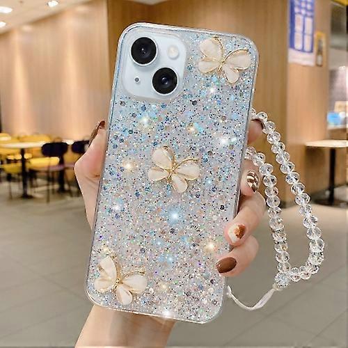 For iPhone 15 Starry Sequin Jade Butterfly Epoxy TPU Mobile Phone Case with Strap
