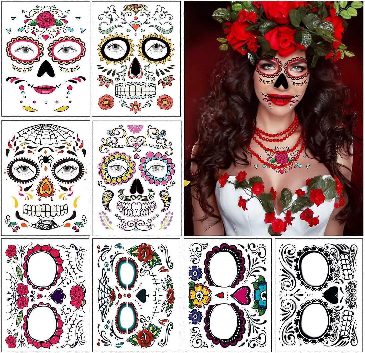 Halloween Face Tattoos, Set of 9 Death Sugar Skull Temporary Tattoos, Scary Face Makeup for Masquerade and Parties (Random Patterns),2024 Ping