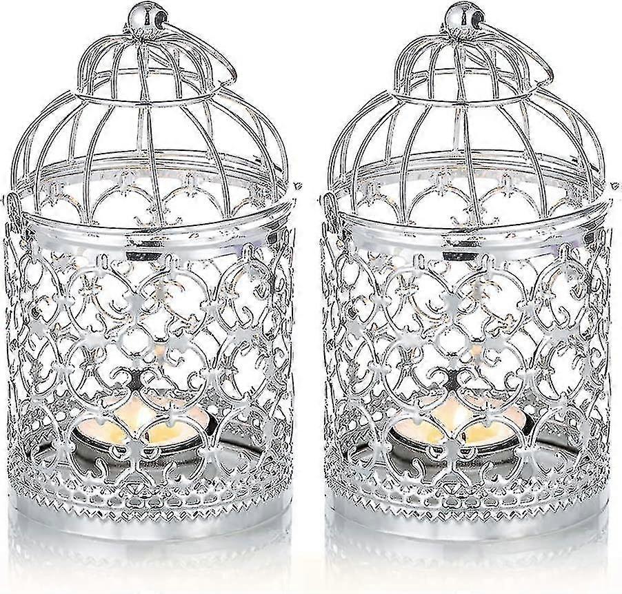 2 Pcs Decorative Lanterns Candle Holder Hanging , Silver