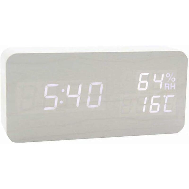 Digital Alarm Clock Wood Adjustable Brightness Voice Control LED Clock Rectangle Display Time Temperature Home Decor, White