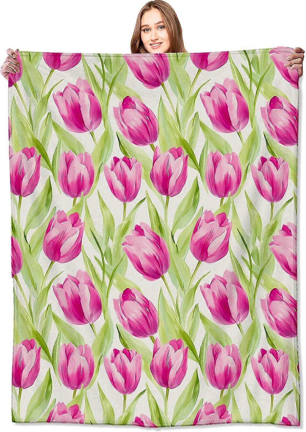 الأزهار الوردي توليب بطانية الألوان المائية زهرة رمي البطانيات مع أوراق خضراء ، هدايا أعياد الميلاد للفتيات ، خفيفة الوزن الصوف لينة ، لسرير أريكة أريكة