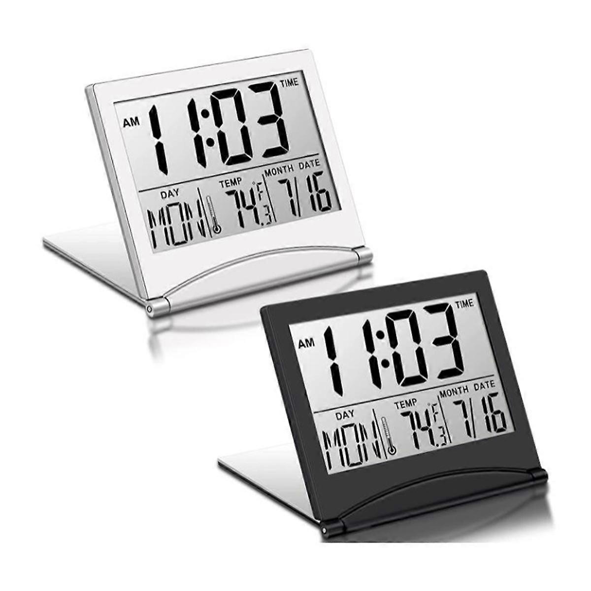2 Stück Digitaler Reisewecker Faltbare LCD-Uhr mit Kalendertemperatur Schlummermodus Tragbare Display-Tischuhr