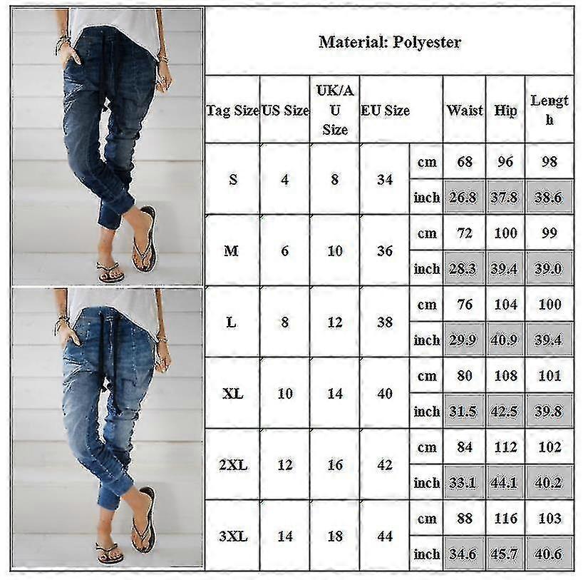 Dámske elastické pás Drop Crotch Jeans Harem Nohavice Sťahovacia šnúrka Džínsové dlhé nohavice A