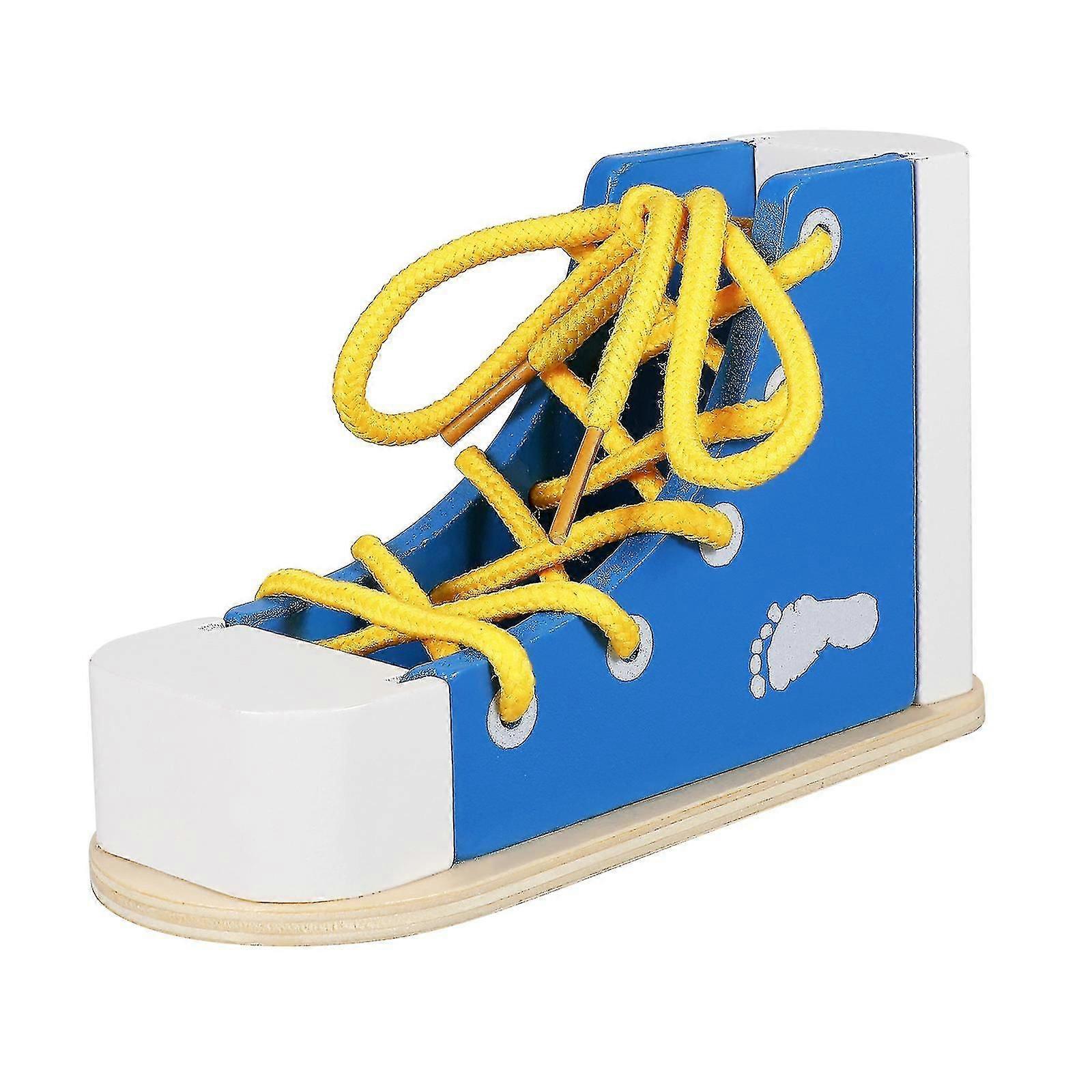 Wooden Lacing Sneaker Shoe Toy Learn to Tie Shoelaces Teaching Toy for Kids (Blue)