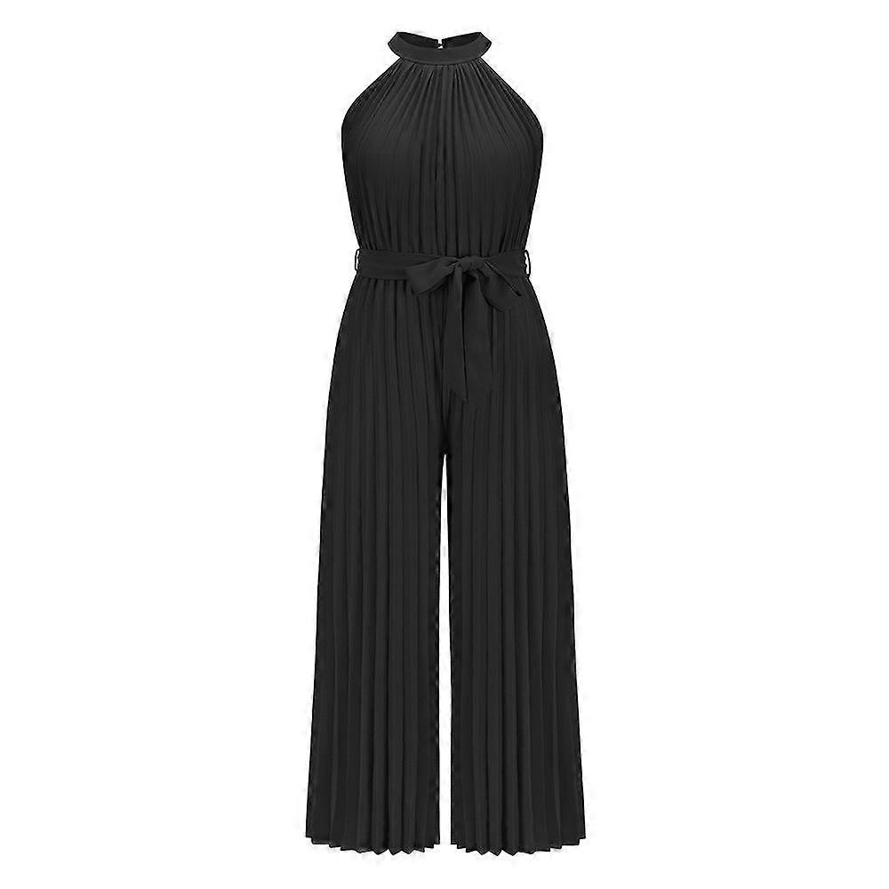 Women Summer Halter Sleeveless Pleated One Piece Trousers For Lace Up Slim Wide Jumpsuits