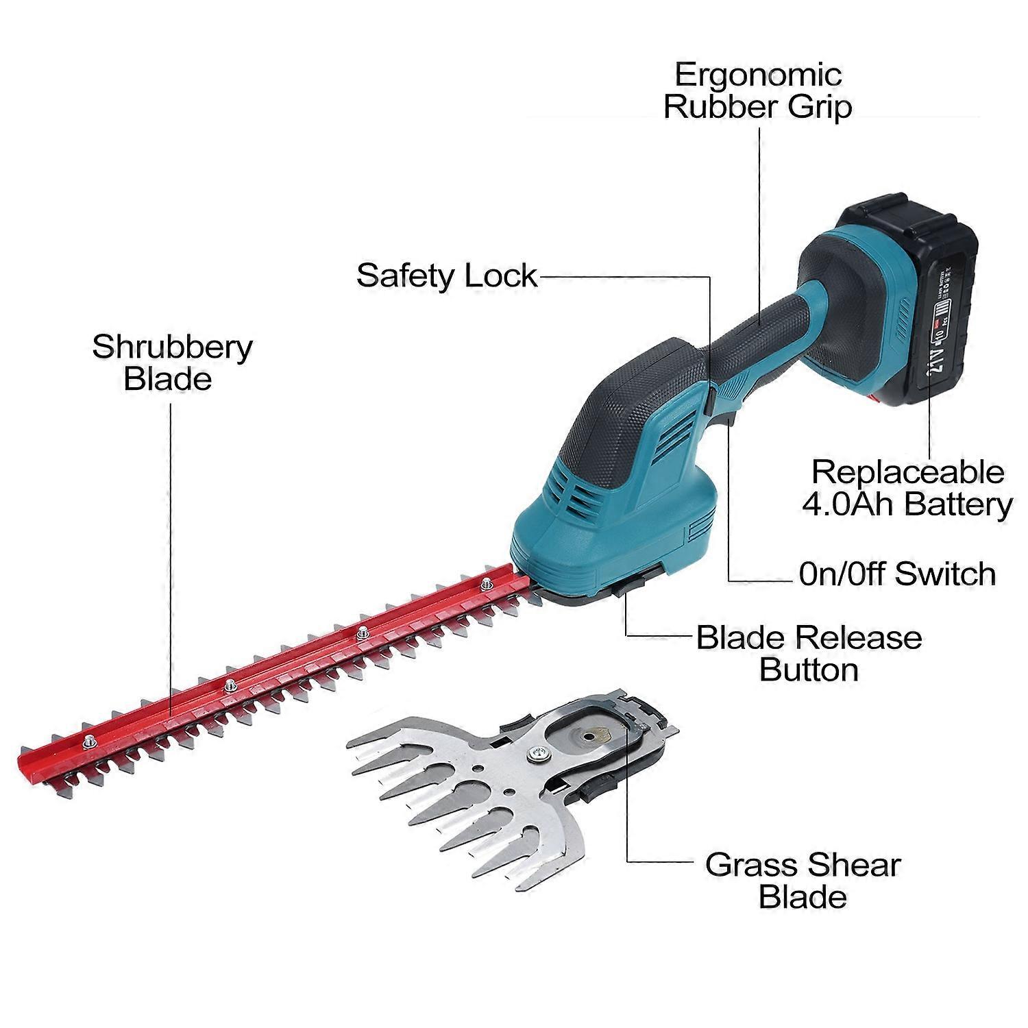 2-in-1 Hedge Trimmer & Grass Shears 21V Electric Shrub Trimmer Handheld Grass Cutter Lightweight Hed
