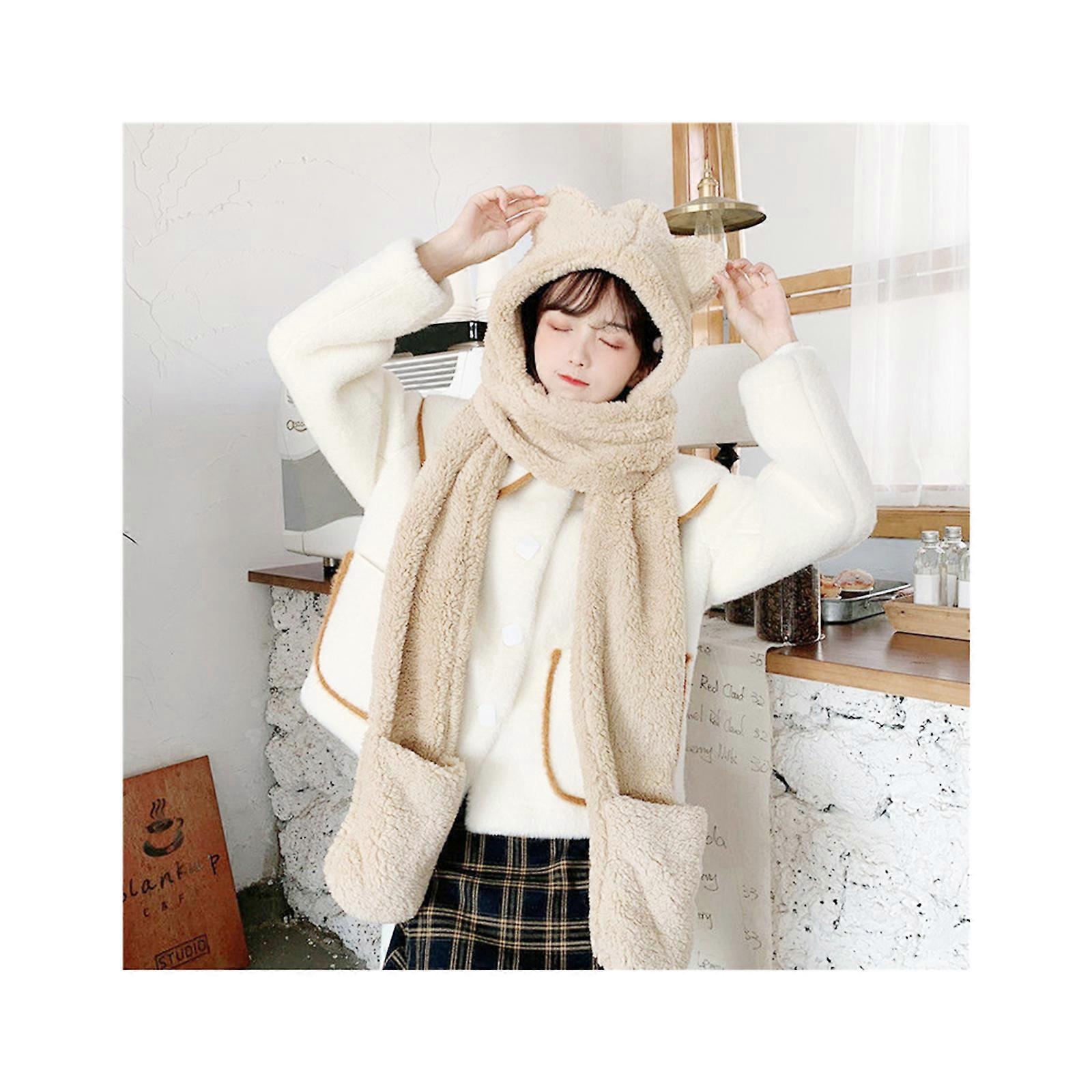冬の暖かい女性パーカーグローブポケットイヤーフラップハットロングスカーフショールラップ猫の耳にかわいい寒い季節のフリースネックウォーベージュ