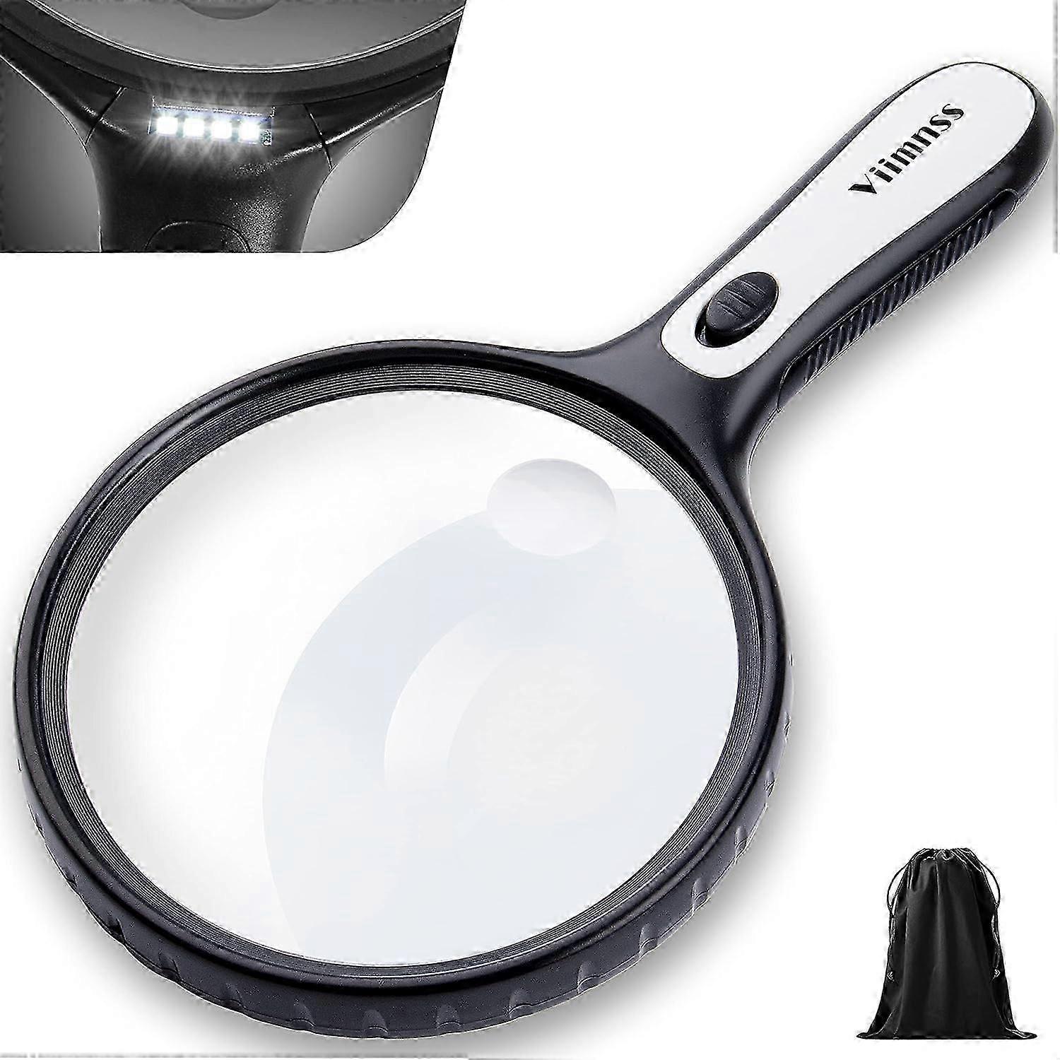 Magnifying Glass With Light, Large Magnifier Handheld Illuminated Lighted Magnifier With Led Lights Storage Bag Clean Cloth For Seniors Reading