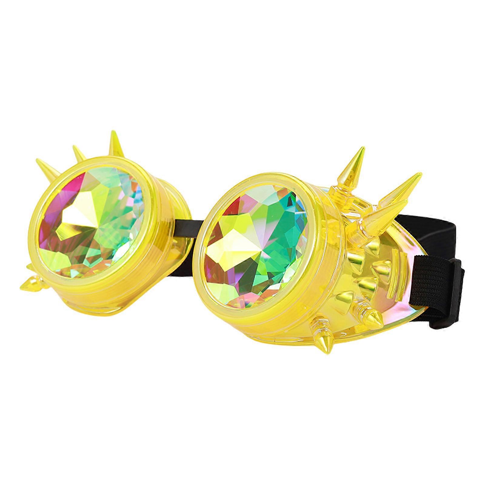Kaleidoscope Goggles Glasses with Rainbow Crystal Lens Halloween Cosplay Party Costume Accessories Steampunk Goggle Yellow
