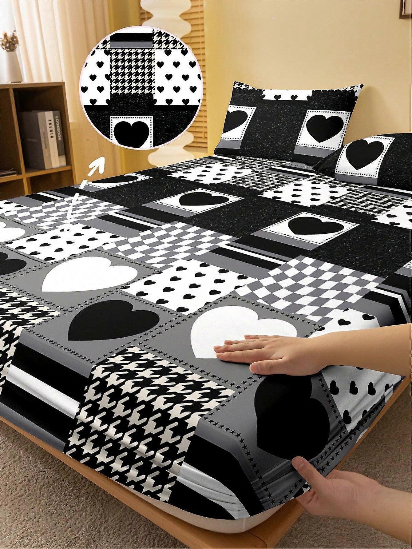 1pc Plaid Heart Geometric Black White Brushed Fitted Sheet Bedding Set