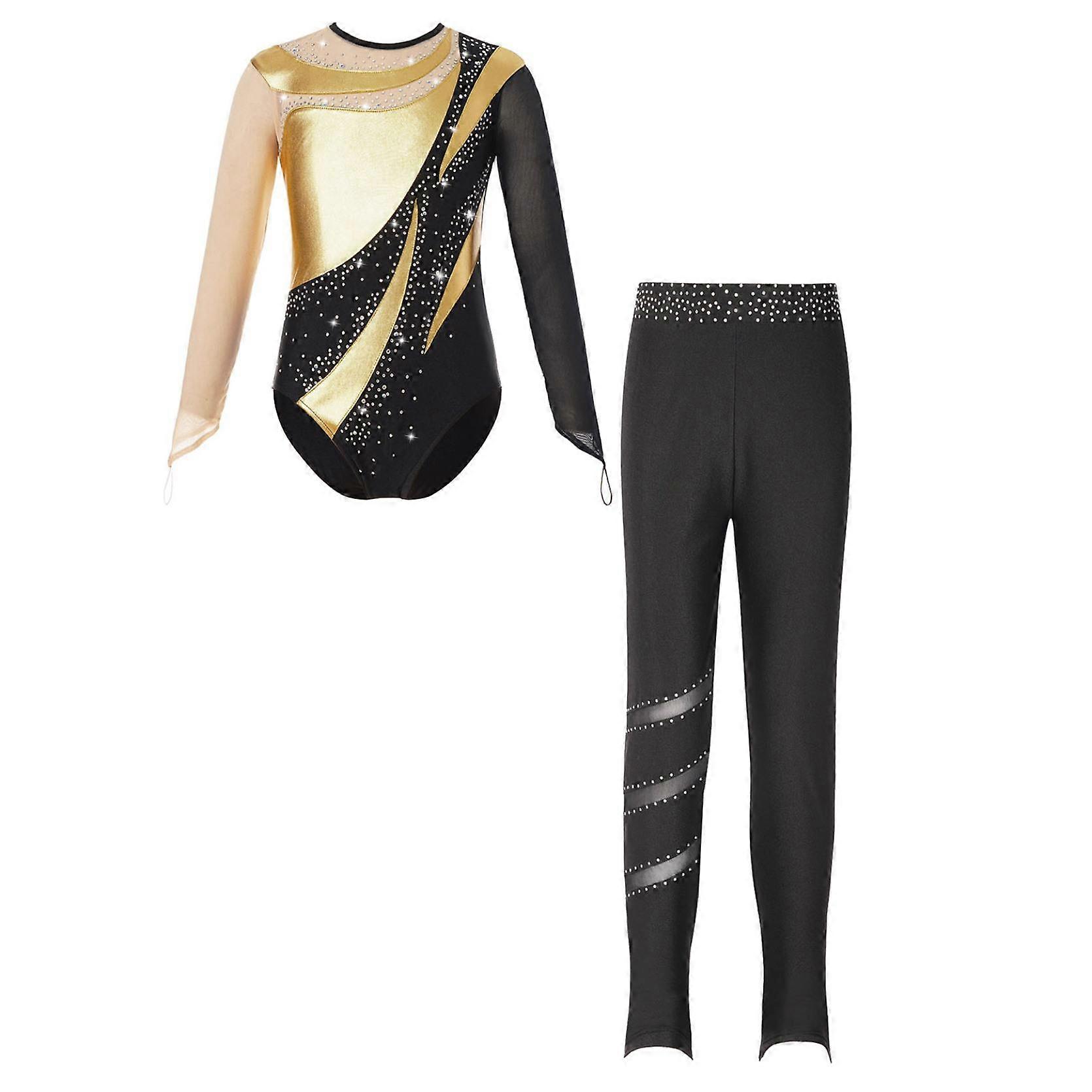 Kids Girls Gymnastics Performance Outfit Metallic Patchwork Mesh Long Sleeve Keyhole Back Leotard with Sparkly Rhinestones Elastic Waistband Leggings