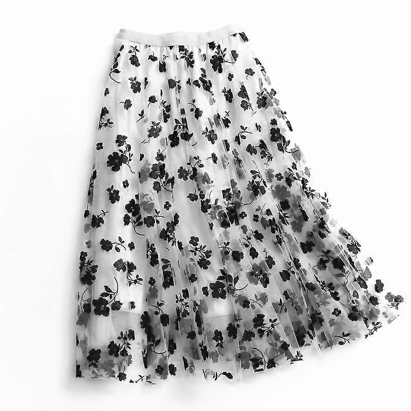 Charming Floral Flocking High Waist Mesh Halfskirt A-Line Skirt Mid Length 2020 Autumn New Fairy Dress