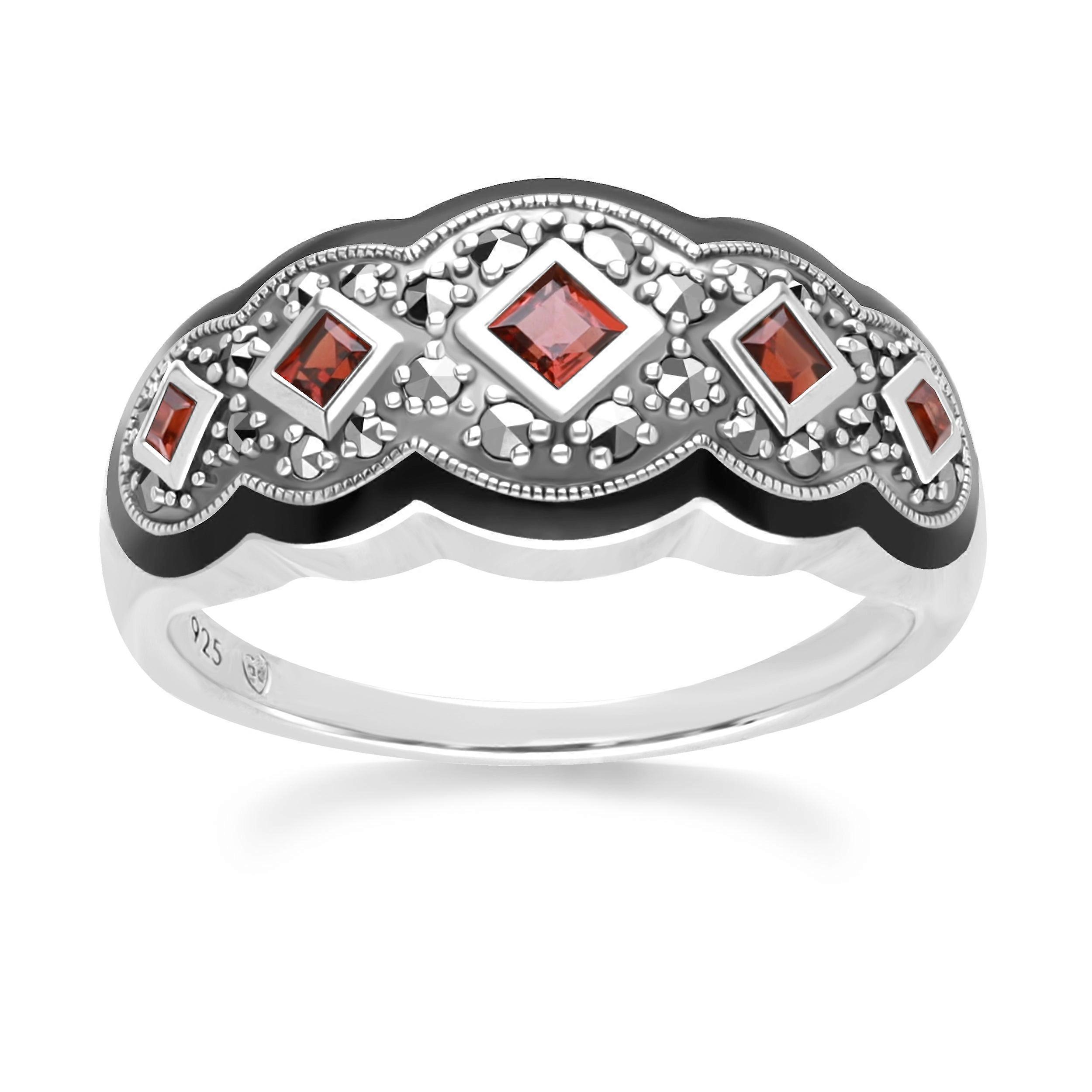 Art Deco Style Square Garnet Five Stone and Marcasite Ring in Sterling Silver