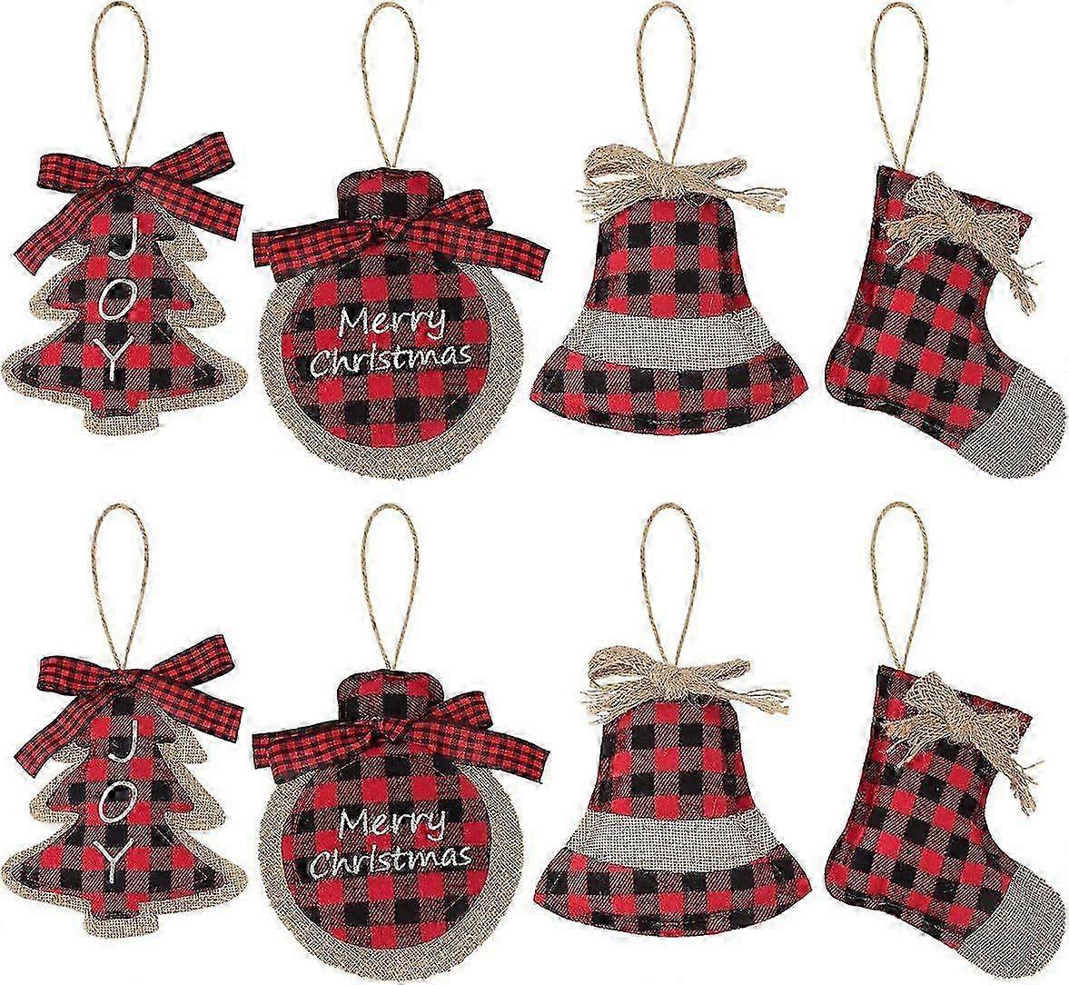 Christmas Decorations Tree Ornament, 8 Pcs Red Black Buffalo Check Plaid Stitching Burlap Hanging Ornaments, Tree Ball Bell Stocking Shaped